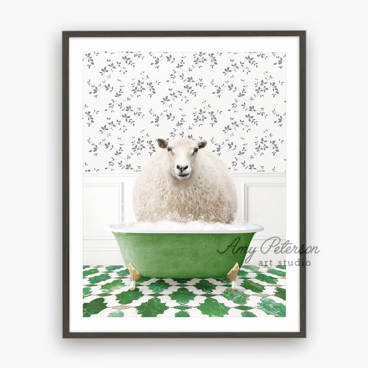 a sheep is sitting in a green bathtub