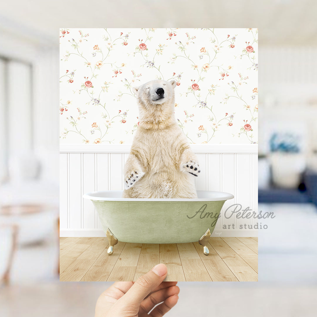 a polar bear sitting in a bath tub