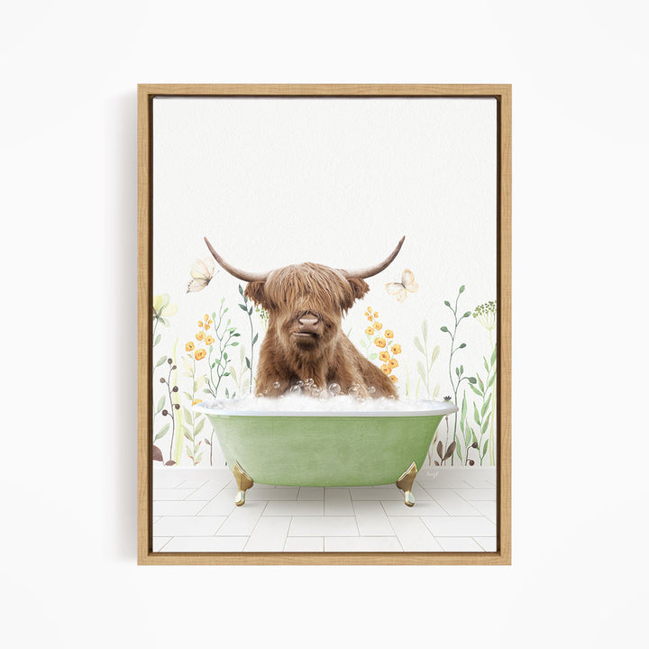 A brown cow with large horns is sitting in a green bathtub filled with water, surrounded by flowers and butterflies.