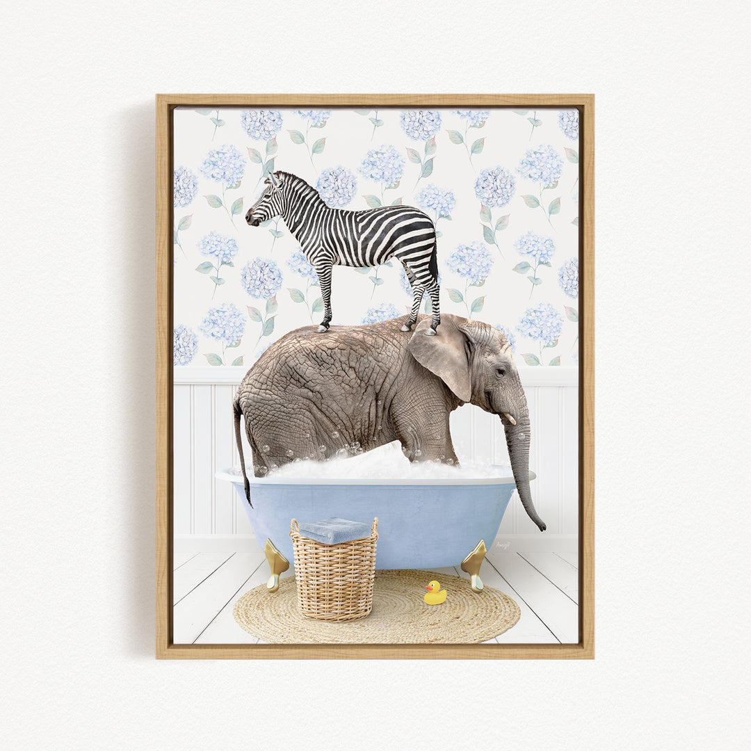 A zebra stands on the back of an elephant, both in a blue bathtub, with a basket of rubber ducks nearby.