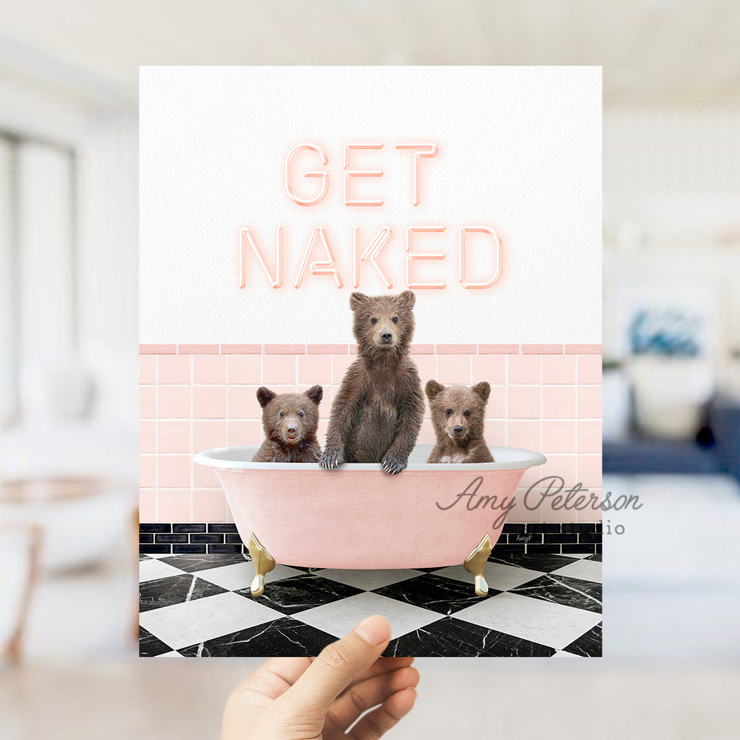 a person holding up a card with three bears in a bathtub