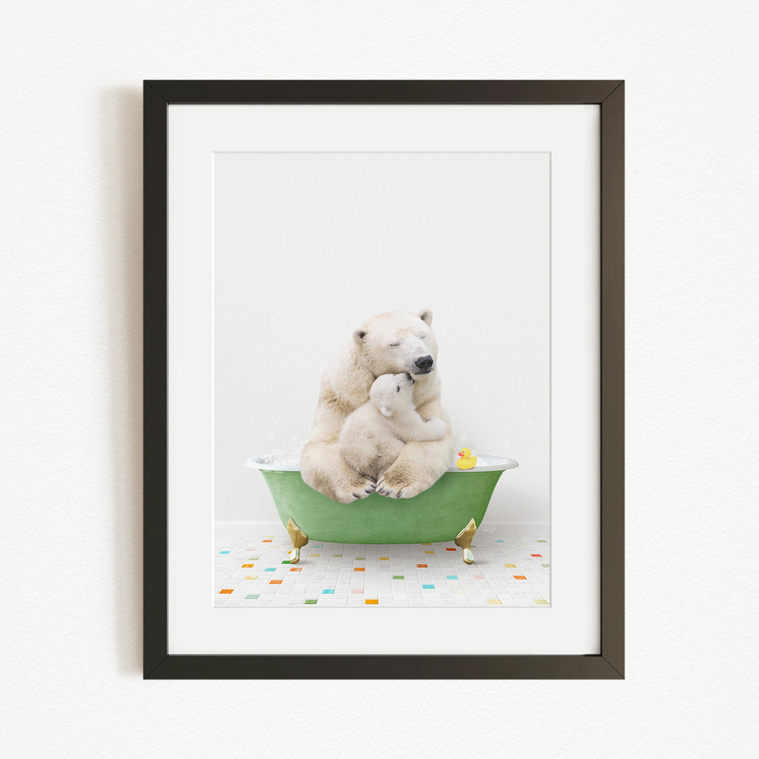A polar bear and its cub are sitting in a green bathtub filled with water, surrounded by colorful tiles on the floor.