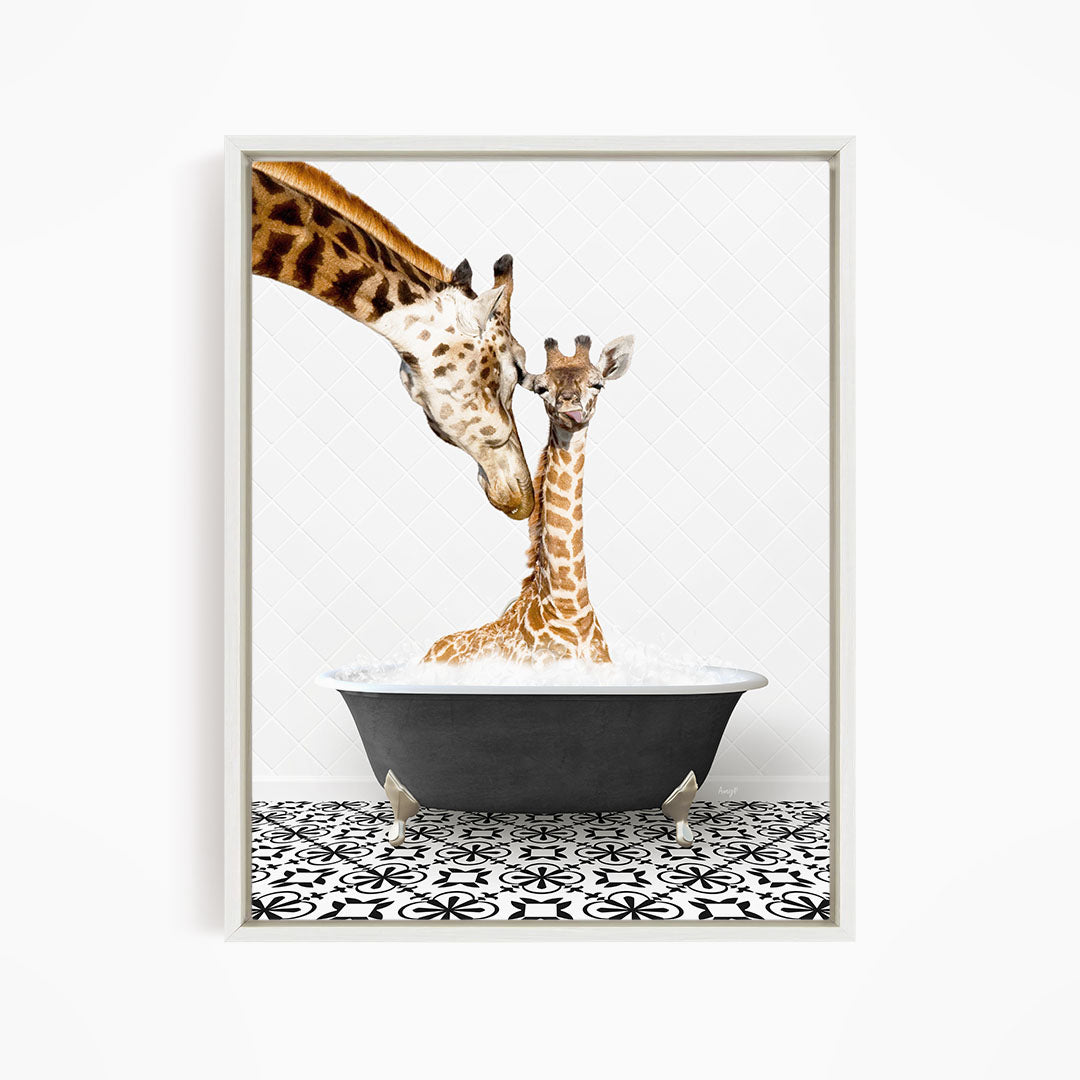 A mother giraffe and her baby giraffe are sitting together in a bathtub filled with water, creating a heartwarming scene.
