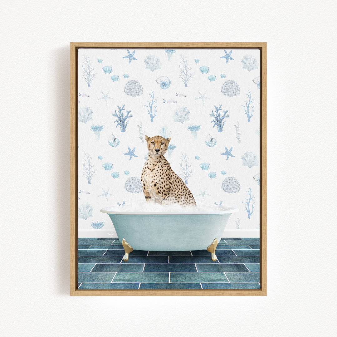 A cheetah sitting in a bathtub filled with water, surrounded by blue and white marine life and starfish patterns on the wall behind it.