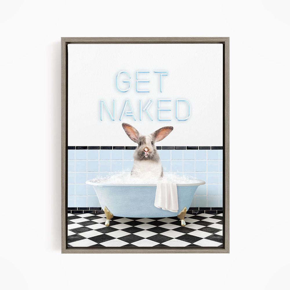 A framed image depicting a rabbit sitting in a bathtub filled with water, with the text "GET NAKED" displayed above it.