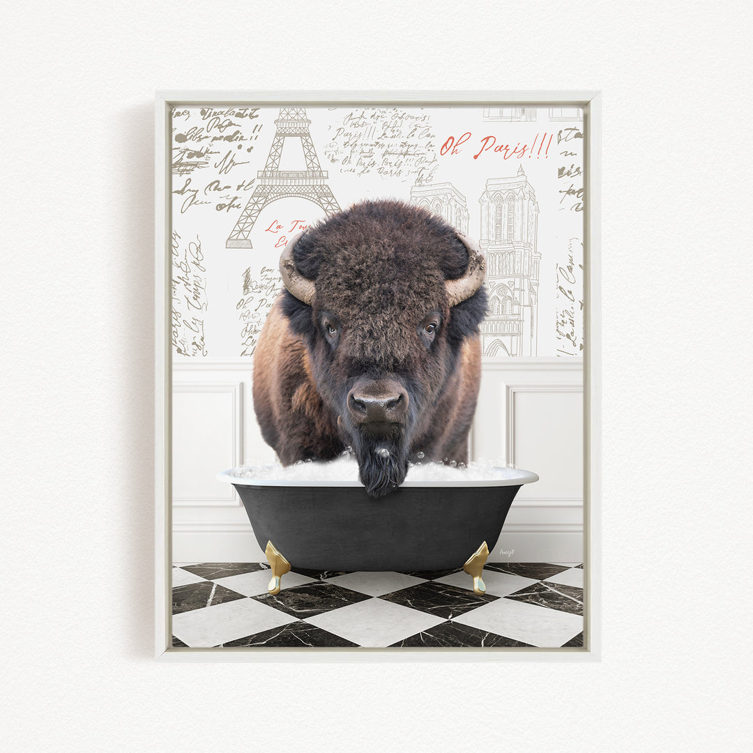 A buffalo standing in a bathtub filled with water, with a Paris-themed background behind it.