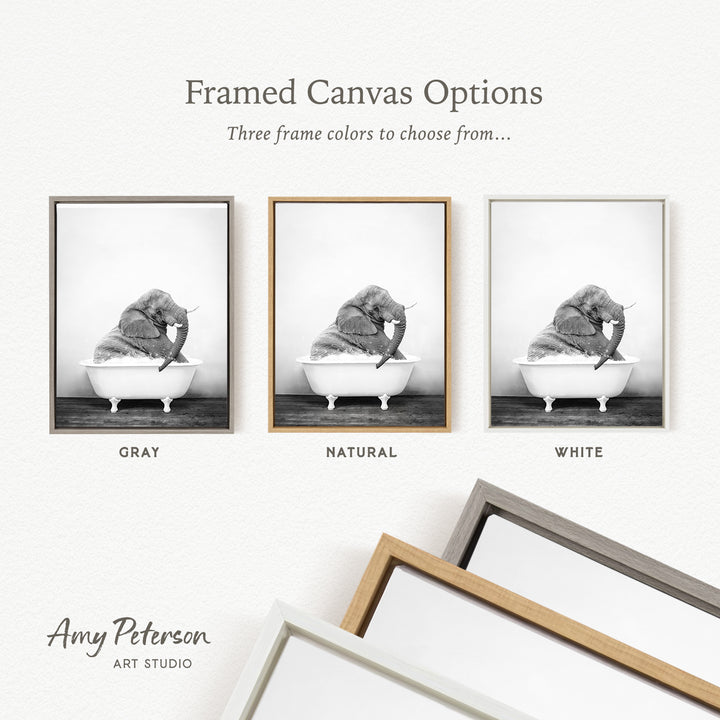 three framed canvas options, each featuring a black and white photograph of an elephant sitting in a bathtub. The options include a gray frame, a natural frame, and a white frame.