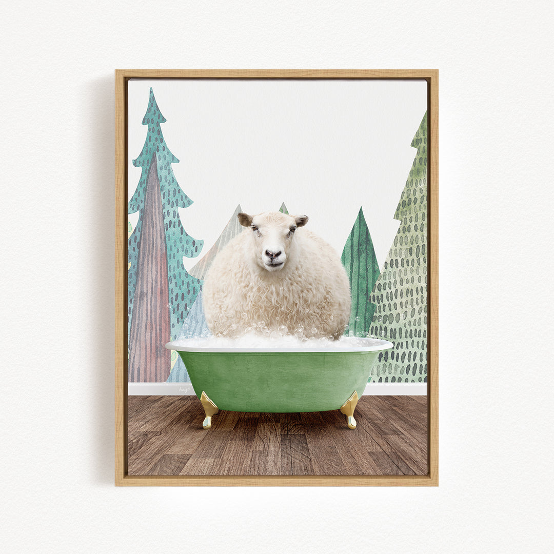 A fluffy white sheep sits in a green bathtub, surrounded by a forest scene with trees and a snowy landscape.
