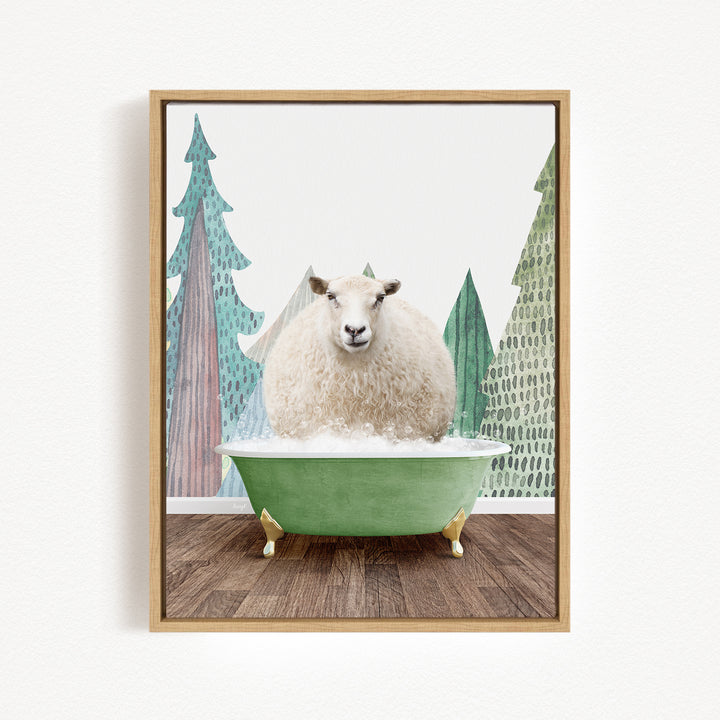 A fluffy white sheep sits in a green bathtub, surrounded by a forest scene with trees and a snowy landscape.