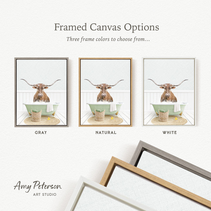 three framed canvas options featuring a picture of a cow in a bathtub, with each option having a different frame color.