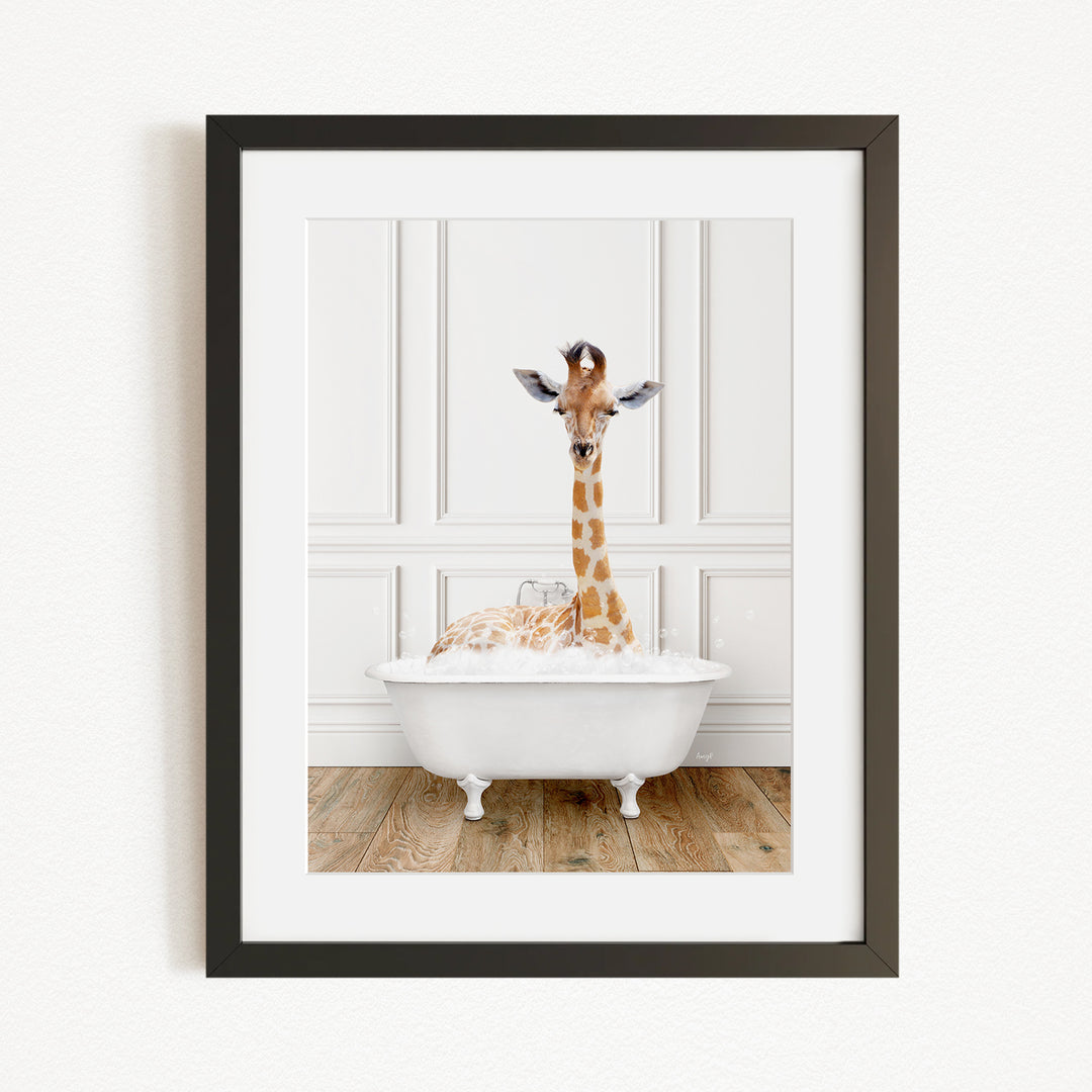 A giraffe sitting in a white bathtub filled with water, creating a whimsical and playful scene.