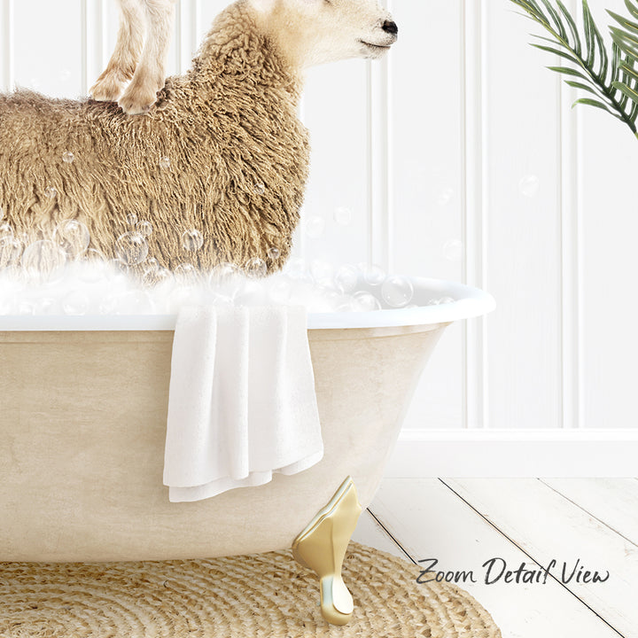 A sheep is sitting in a bathtub filled with water, surrounded by bubbles, with a towel and a plant nearby.