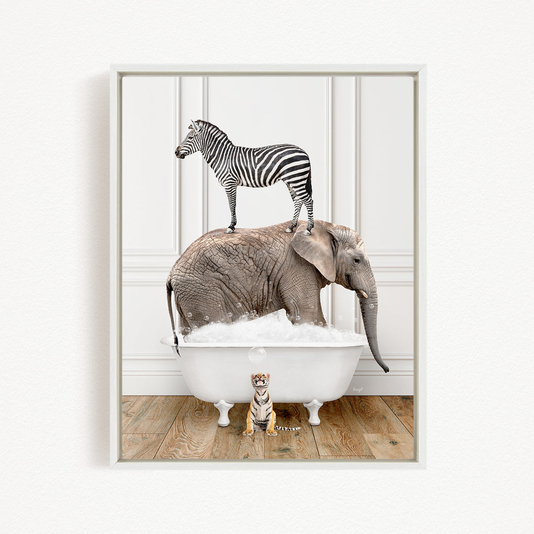 A zebra stands on the back of an elephant, which is submerged in a bathtub, while a small tiger figurine sits nearby.