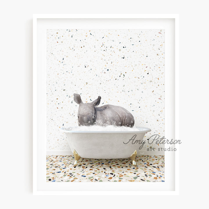 a rhino in a bathtub with a white background