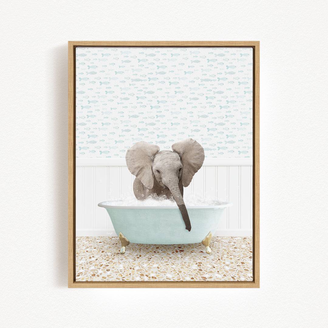 A baby elephant sitting in a bathtub filled with water, surrounded by a patterned wall.