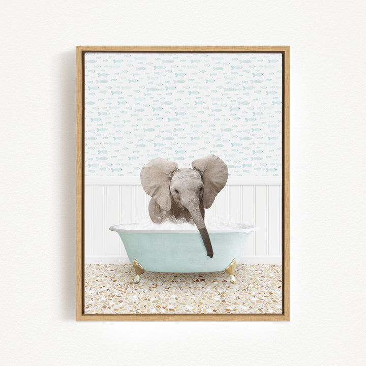 A baby elephant sitting in a bathtub filled with water, surrounded by a patterned wall.