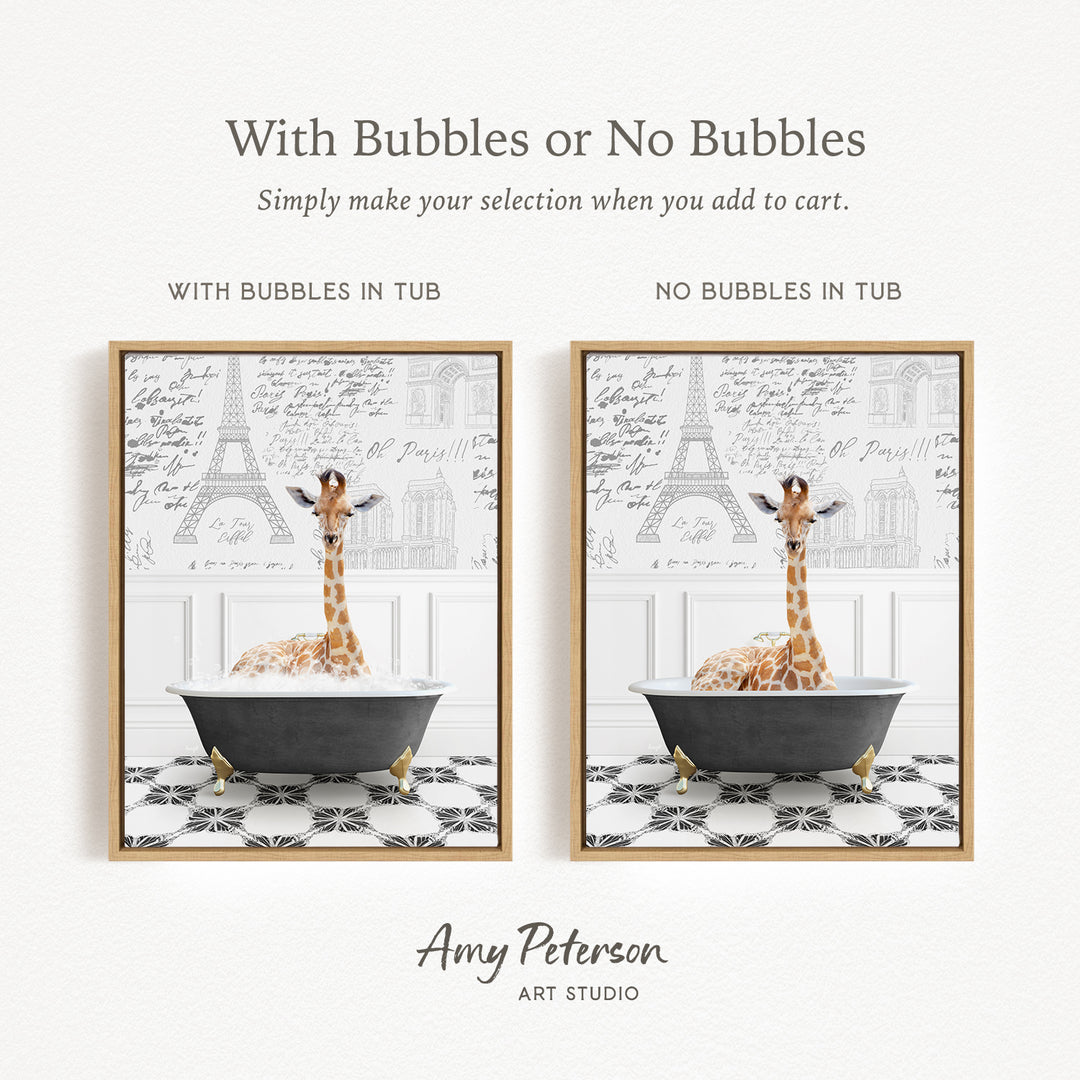 The image is a collage of two framed pictures, each featuring a giraffe sitting in a bathtub. The text above the images reads "With Bubbles or No Bubbles Simply make your selection when you add to cart." The text below the images says "WITH BUBBLES IN TUB" and "NO BUBBLES IN TUB."