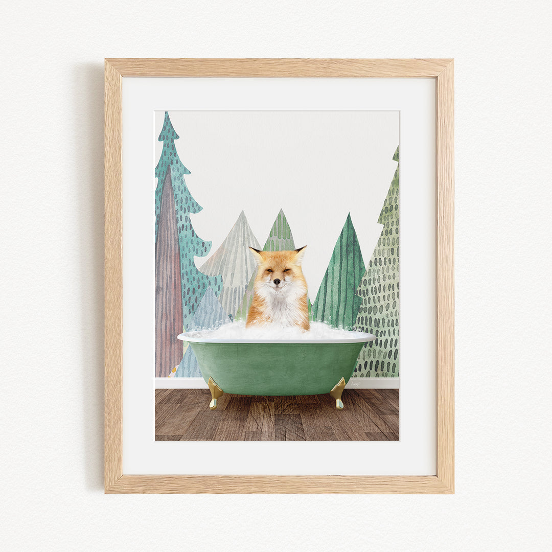 A fox is sitting in a green bathtub, surrounded by trees with green and brown leaves, creating a whimsical and playful scene.