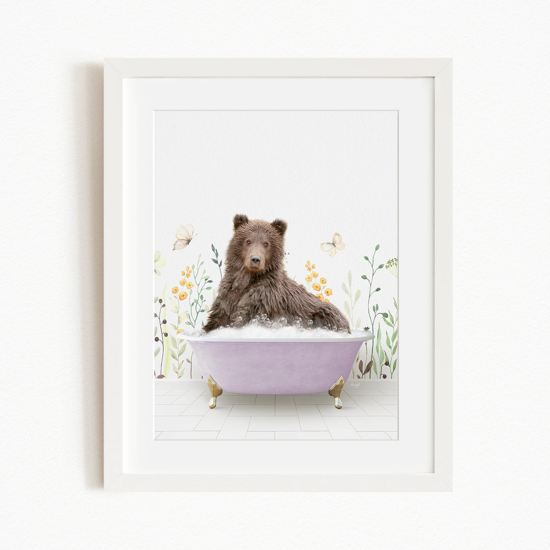 A brown bear sitting in a purple bathtub filled with bubbles, surrounded by flowers and butterflies.