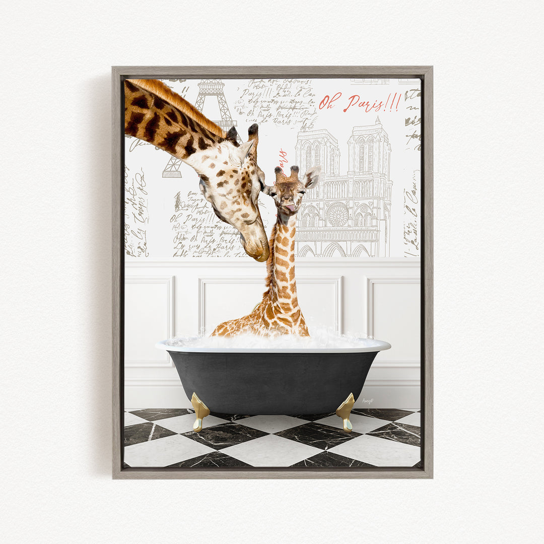 A mother giraffe and her baby giraffe are sitting in a bathtub, with the mother gently licking her baby. The background features a drawing of the Eiffel Tower and other architectural elements.