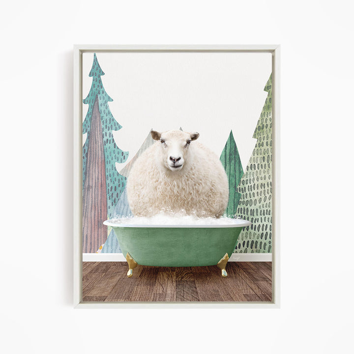 A fluffy white sheep sits in a green bathtub, surrounded by a forest scene with trees and a snowy landscape.