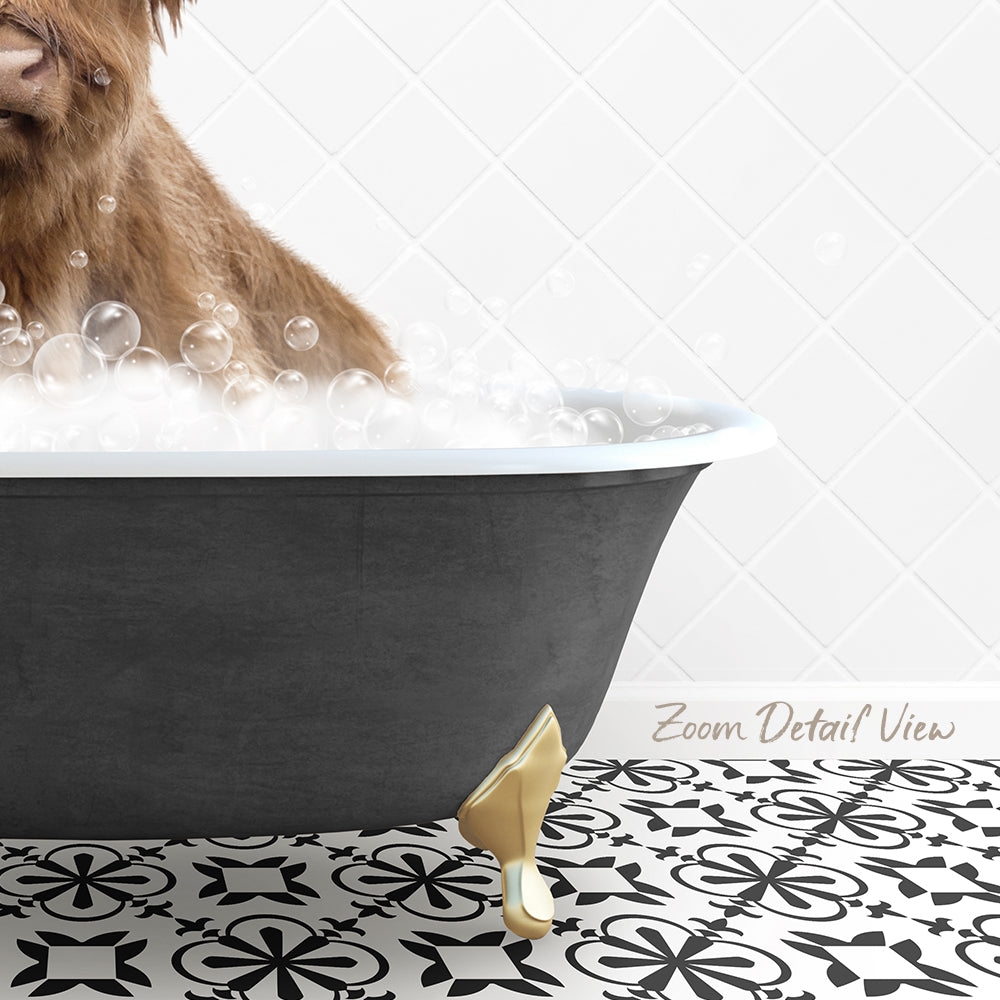 A dog is sitting in a bathtub filled with bubbles, with a patterned tile floor in the foreground.