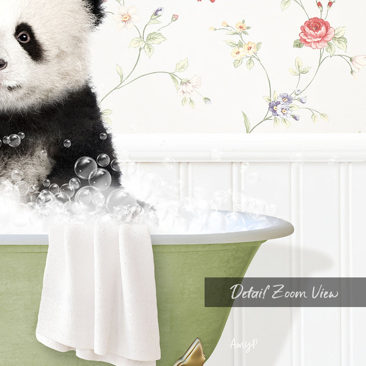 A panda bear sitting in a bathtub filled with bubbles, surrounded by a floral wallpaper.