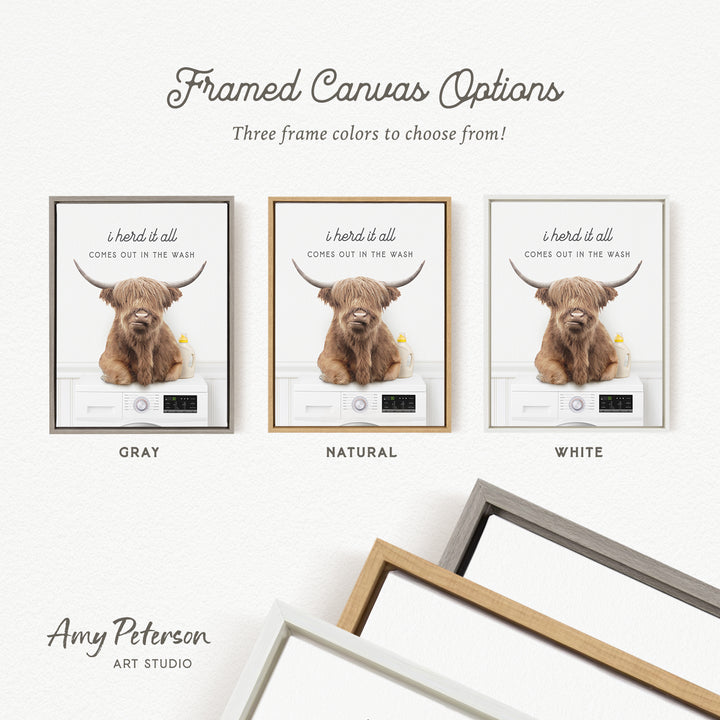 The image is a framed canvas option featuring a close-up of a brown cow with horns sitting on a washing machine. The canvas options include three different frame colors: gray, natural, and white.