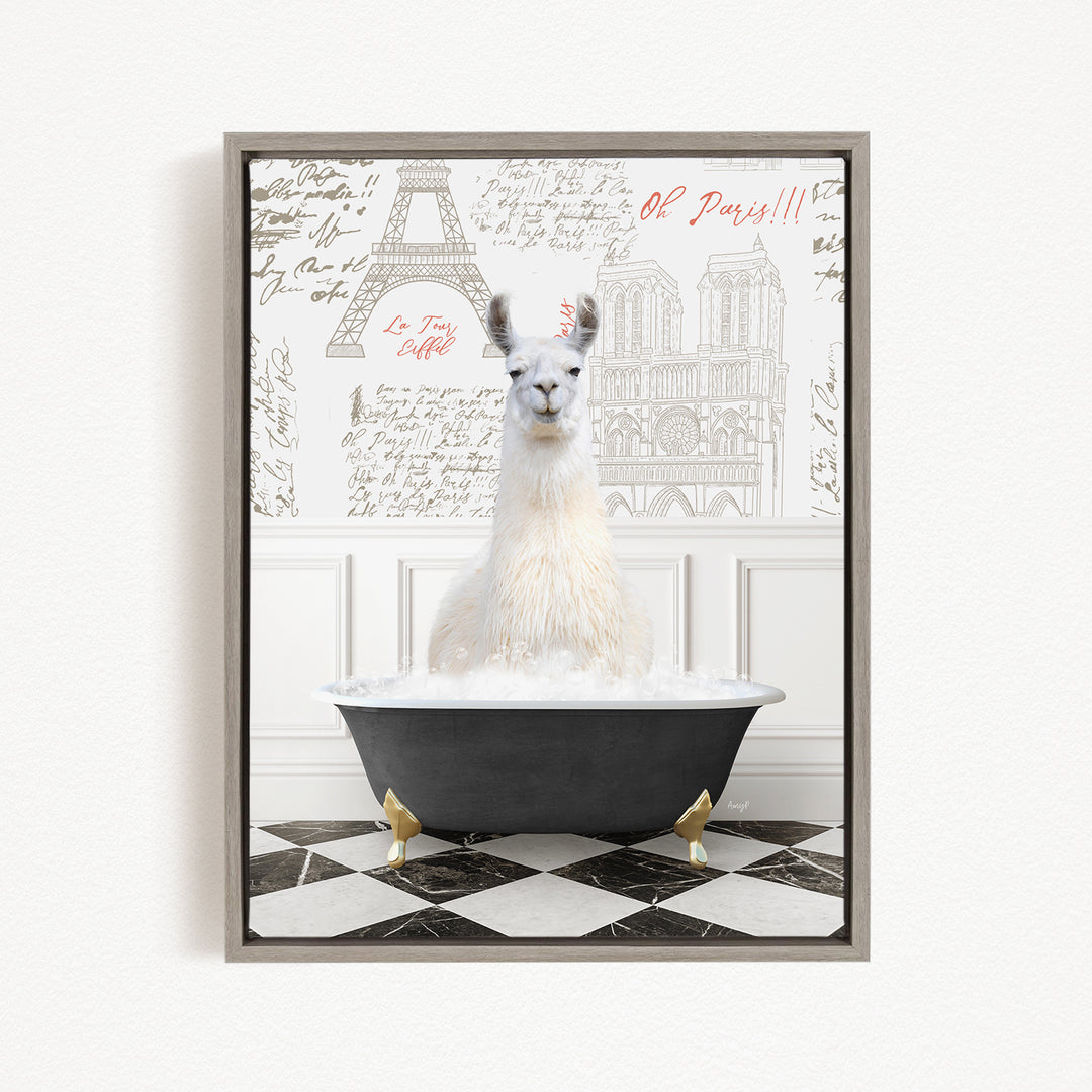 A white llama sitting in a bathtub filled with bubbles, surrounded by a checkered floor and a wall with various inscriptions and illustrations.