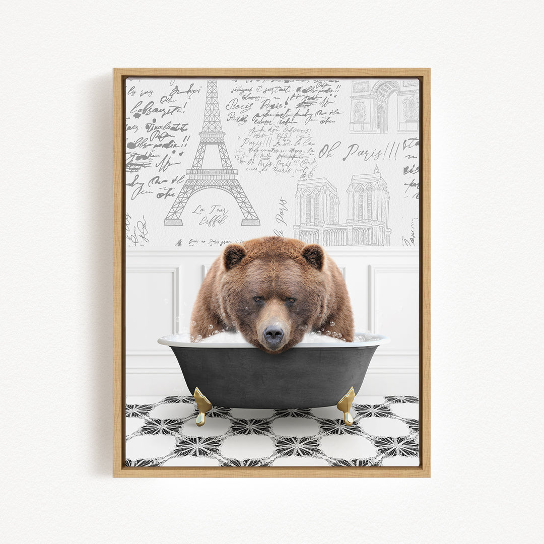 A brown bear is sitting in a bathtub, surrounded by various architectural drawings and text, creating a whimsical and surreal scene.
