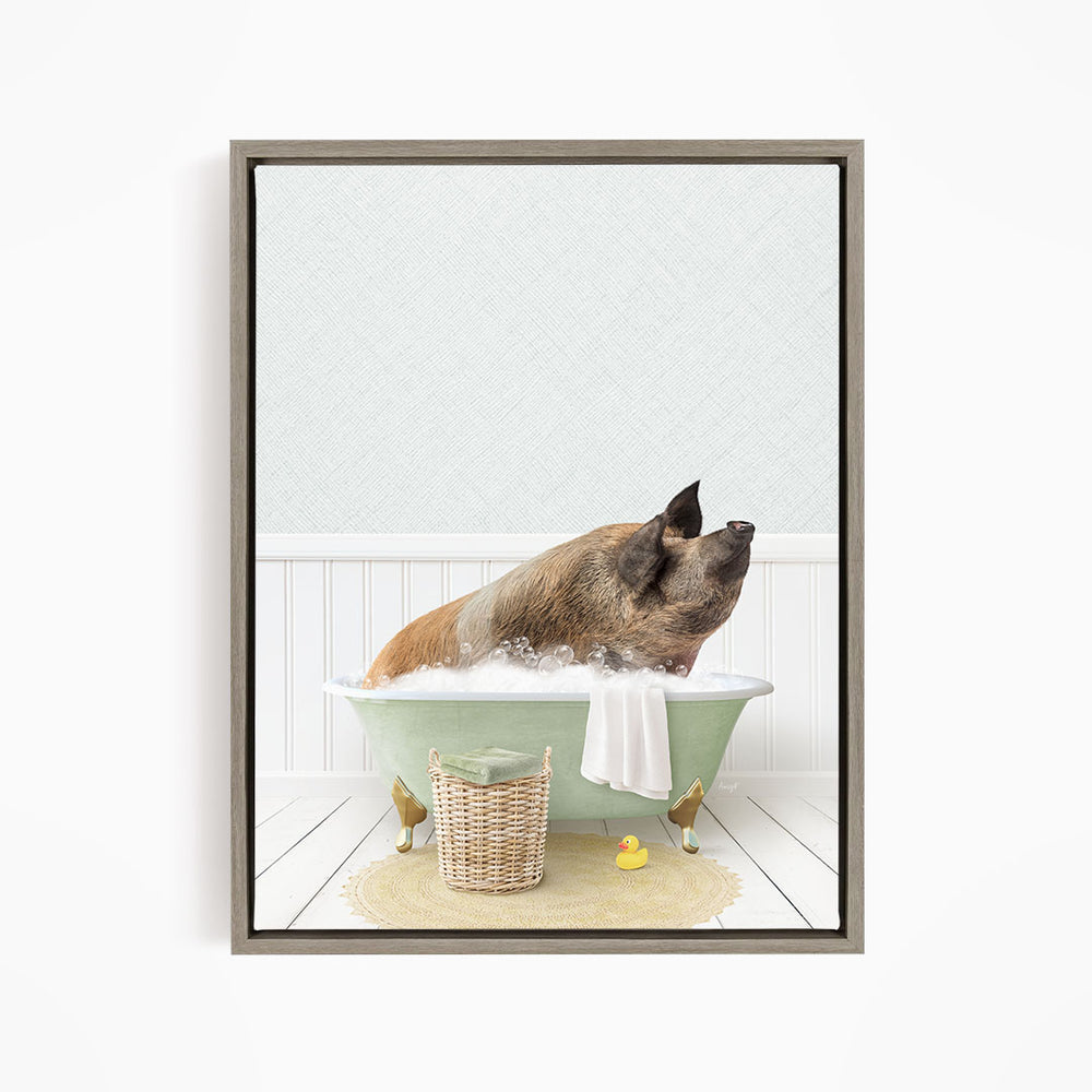 A brown dog is sitting in a green bathtub filled with water, surrounded by a yellow rubber duck and a basket of bath toys.