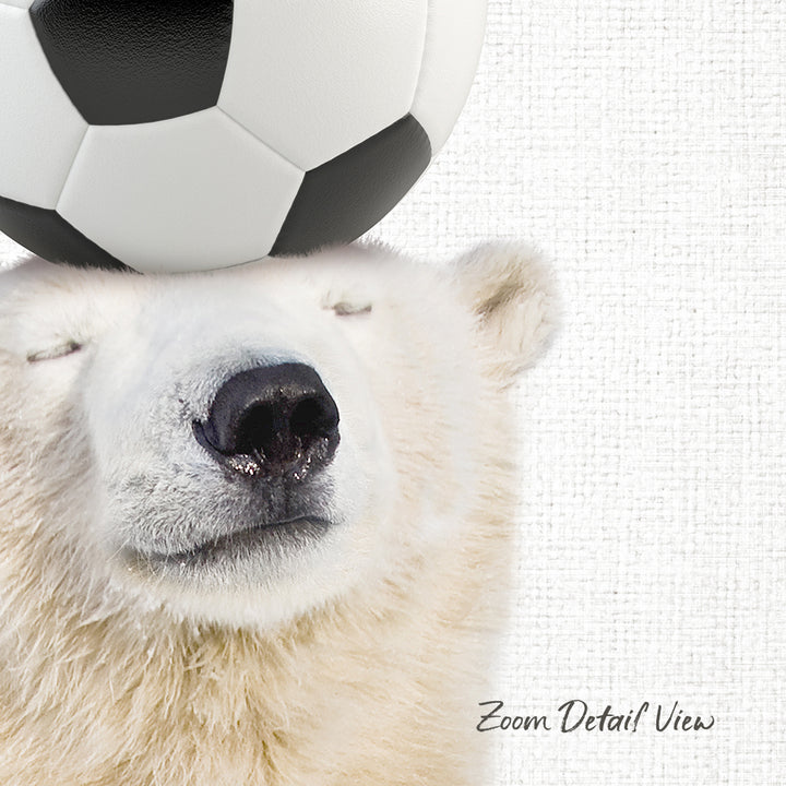 A polar bear with its eyes closed, resting its head on a soccer ball.
