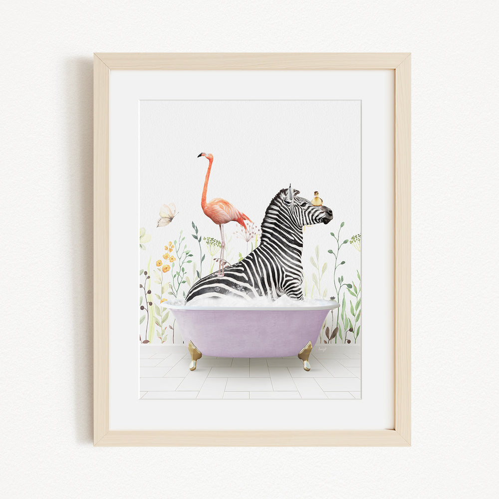 A zebra is sitting in a purple bathtub, surrounded by a pink flamingo, a yellow bird, and a pink and white butterfly.
