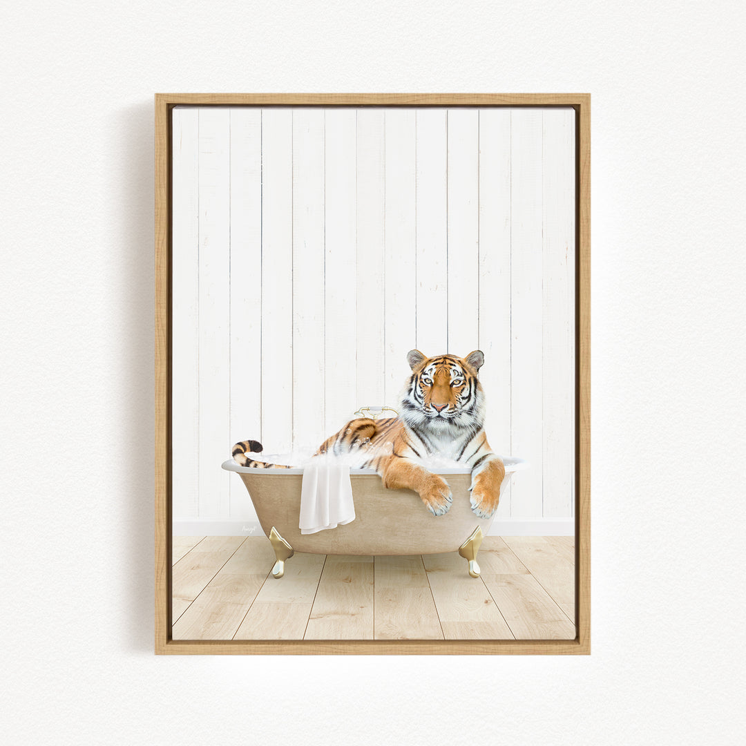 A tiger is sitting in a bathtub, surrounded by a white background with vertical wooden panels.