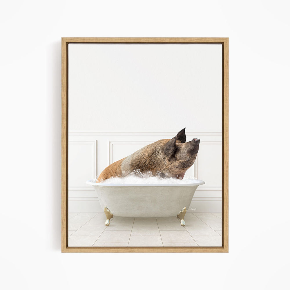 A brown pig sitting in a white bathtub filled with bubbles, looking up at the camera.