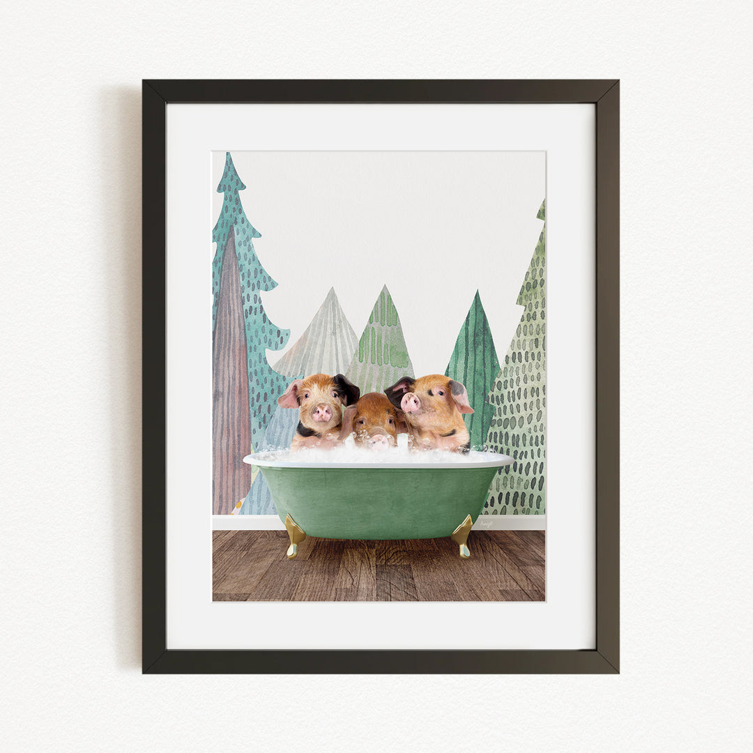 Three adorable hamsters sitting in a green bathtub, surrounded by a forest-themed background.
