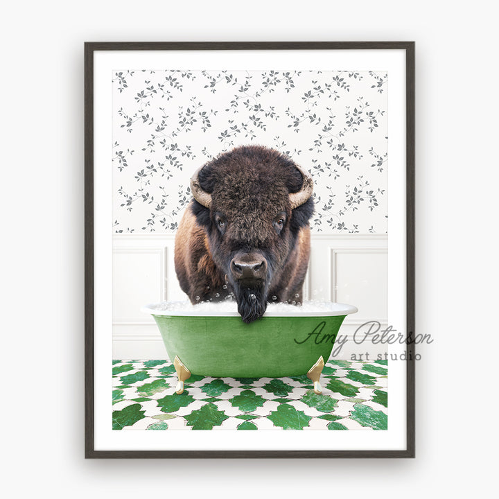 a bison is taking a bath in a green bathtub