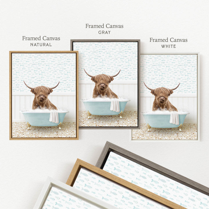 a framed canvas with a brown Highland cow sitting in a blue bathtub, surrounded by a white and gray frame.