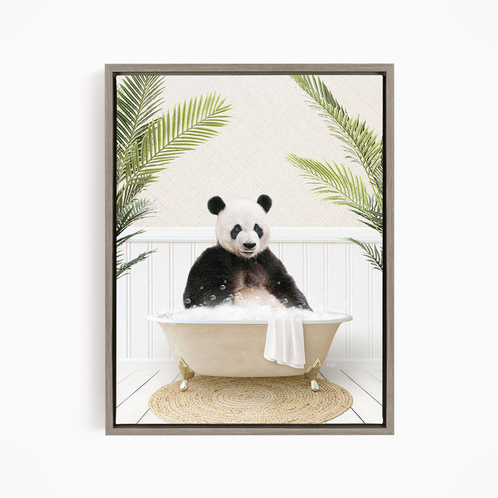 A panda bear sitting in a bathtub filled with bubbles, surrounded by green palm leaves.
