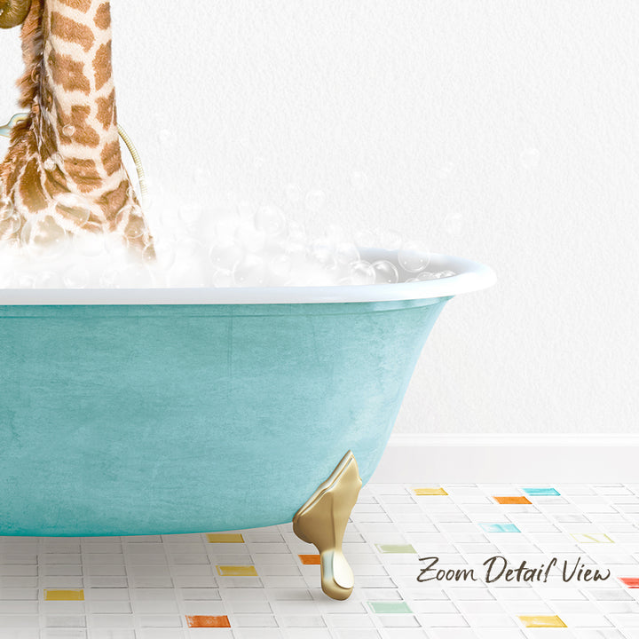 A giraffe standing in a blue bathtub filled with bubbles, with a colorful tiled floor in the foreground.