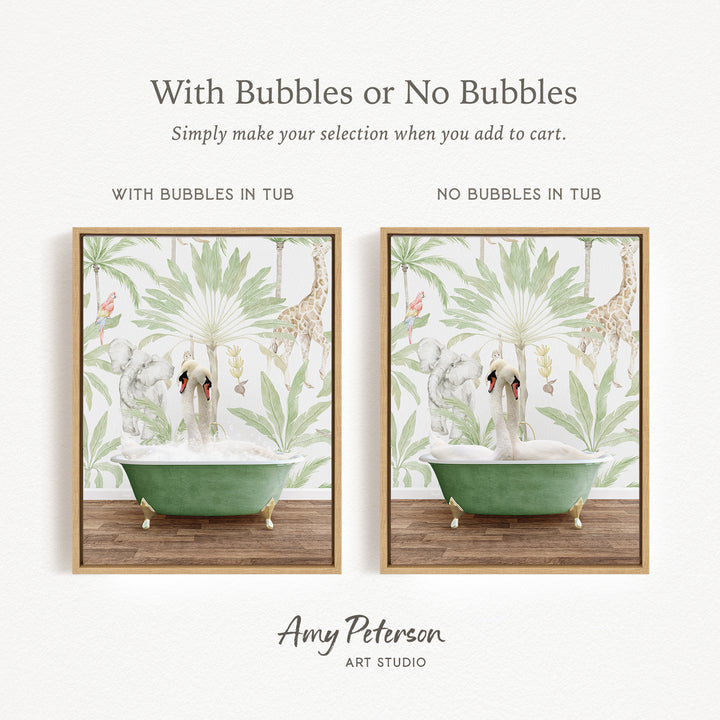 The image is a collage of two framed pictures, each depicting a bathtub with a different design. The first picture has a green bathtub with a tropical plant design, while the second picture has a bathtub with a plain green design. The text above the images reads "With Bubbles or No Bubbles" and "Simply make your selection when you add to cart."