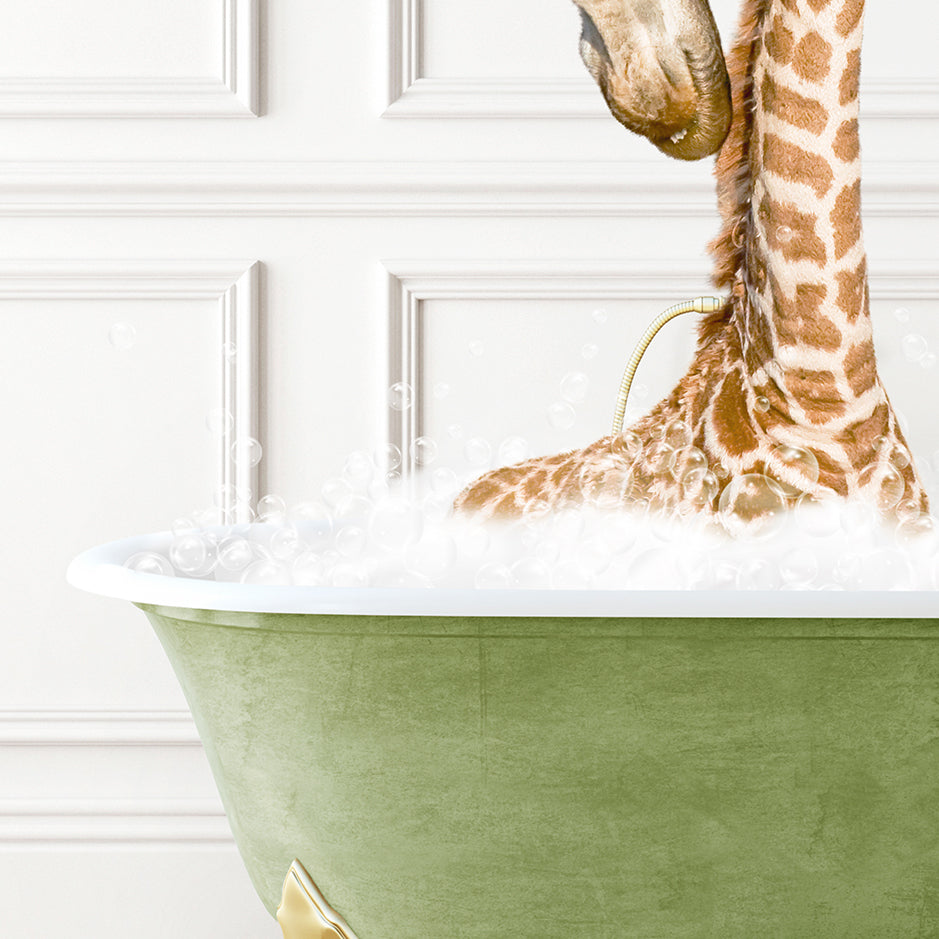 a baby giraffe in a bath tub with bubbles