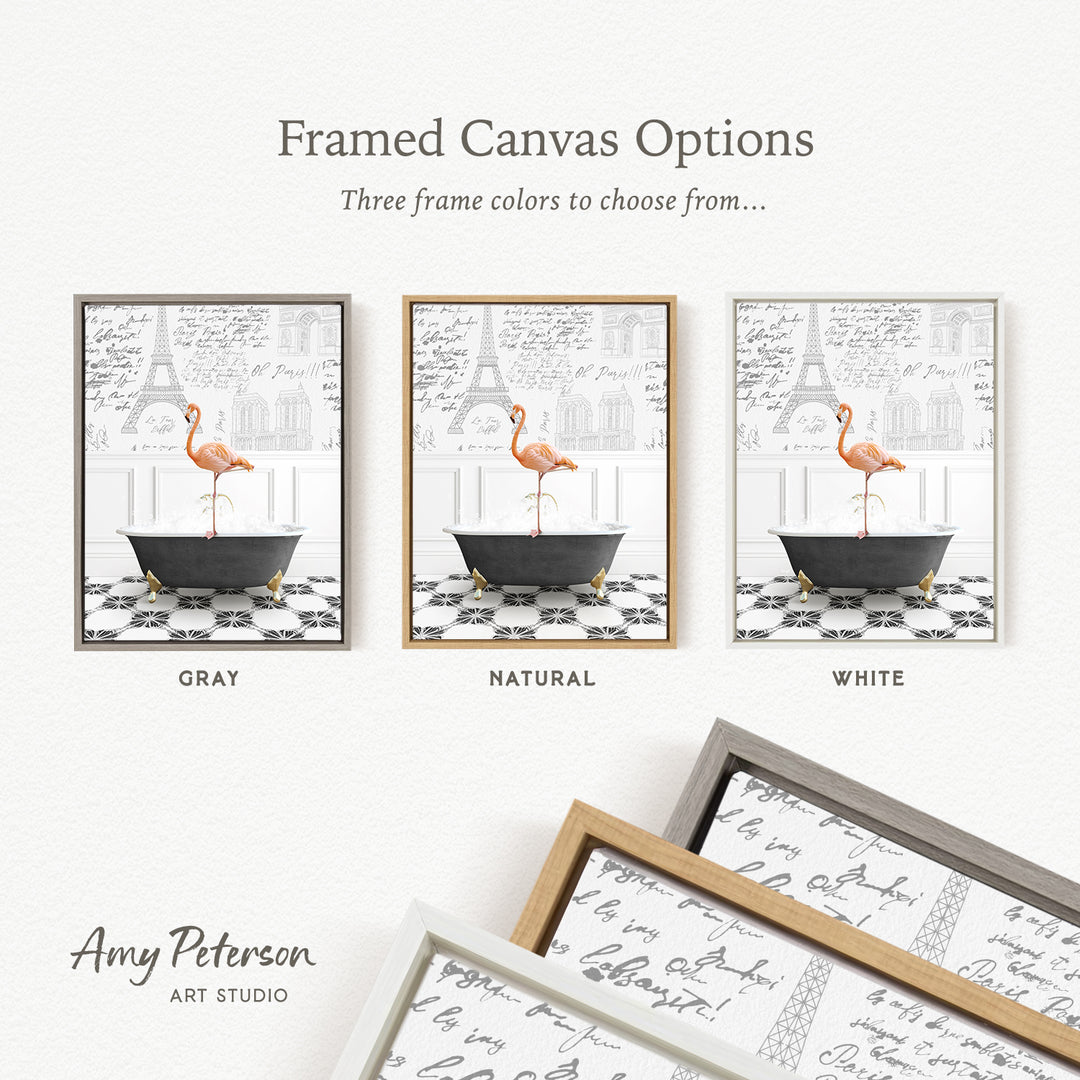 The image is a framed canvas option featuring three different color options for a framed artwork depicting a flamingo in a bathtub.