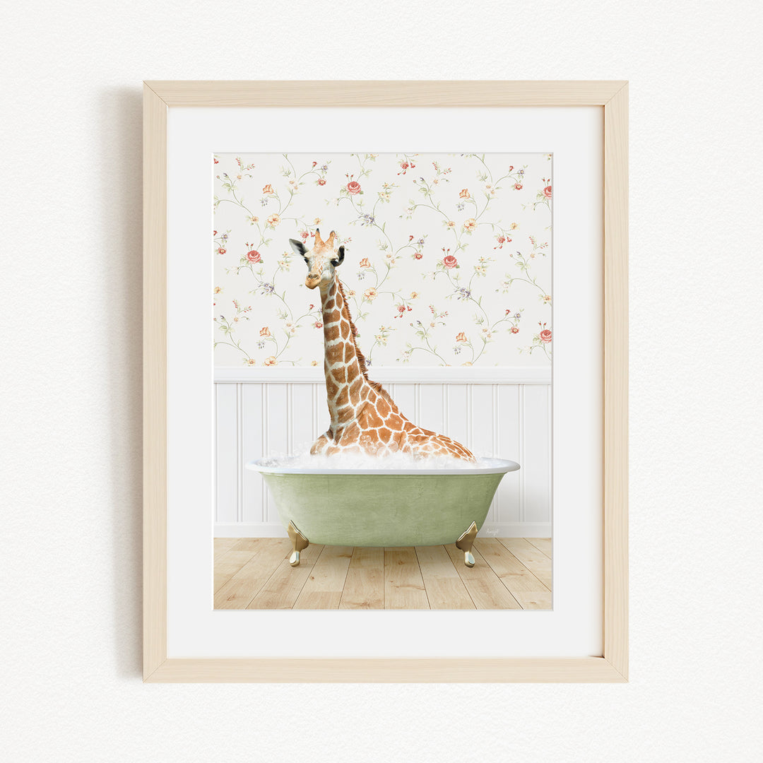 A giraffe sitting in a green bathtub filled with bubbles, surrounded by a floral wallpaper.