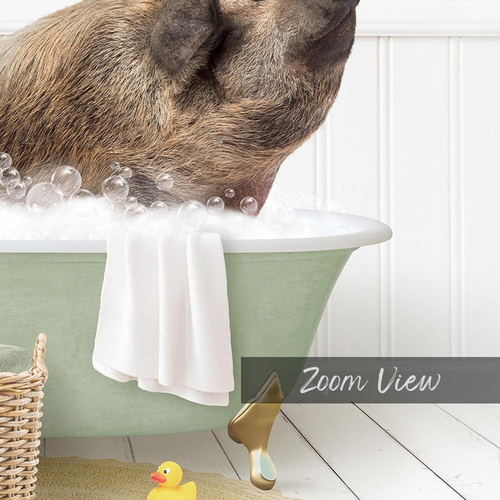 A pig is sitting in a green bathtub filled with bubbles, surrounded by rubber ducks and towels, creating a whimsical and playful scene.