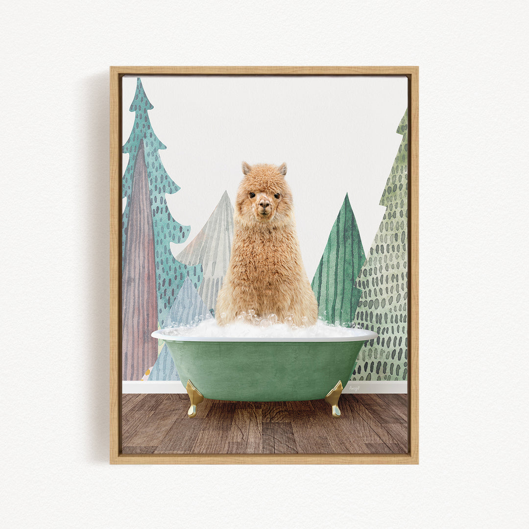 A fluffy brown dog is sitting in a green bathtub, surrounded by a forest-themed background with trees and snow.