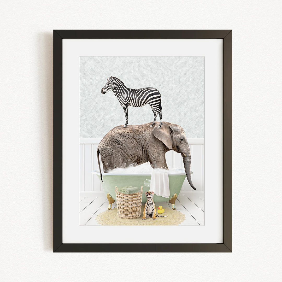 A zebra standing on an elephant's back, with a cat and a bird nearby, in a bathtub filled with water.