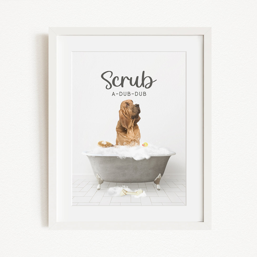 A dog sitting in a bathtub filled with bubbles, with the text "Scrub A-DUB-DUB" above it.