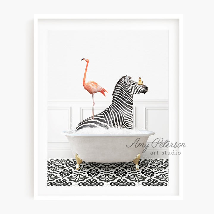 a picture of a zebra and a flamingo in a bathtub