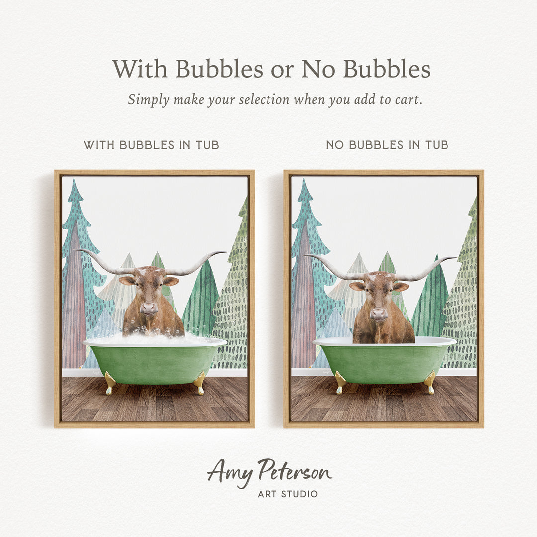 The image is a collage of two pictures featuring a bull with horns in a green bathtub, with one picture having bubbles and the other without bubbles.